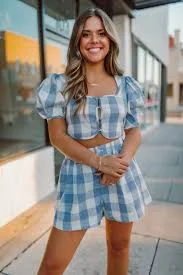 matching set Puff Sleeve Top and Shorts Gingham Set 625f12-2.myshopify.com $60