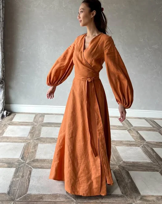 dress Rebecca Maxi Linen Long Wrap Puff Sleeve Dress Etsy - linenfairytales $151.43