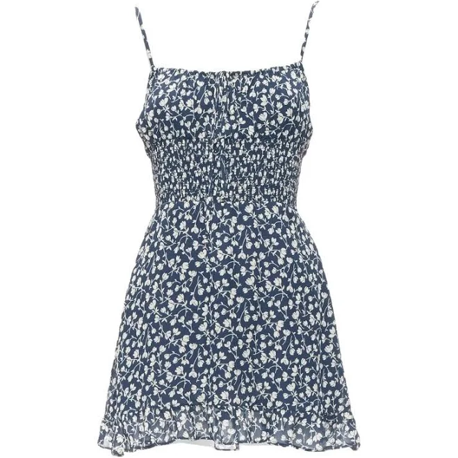 dress Reformation Navy Floral Print Smocked Bodice Mini Dress US2 Vestiaire Collective $91