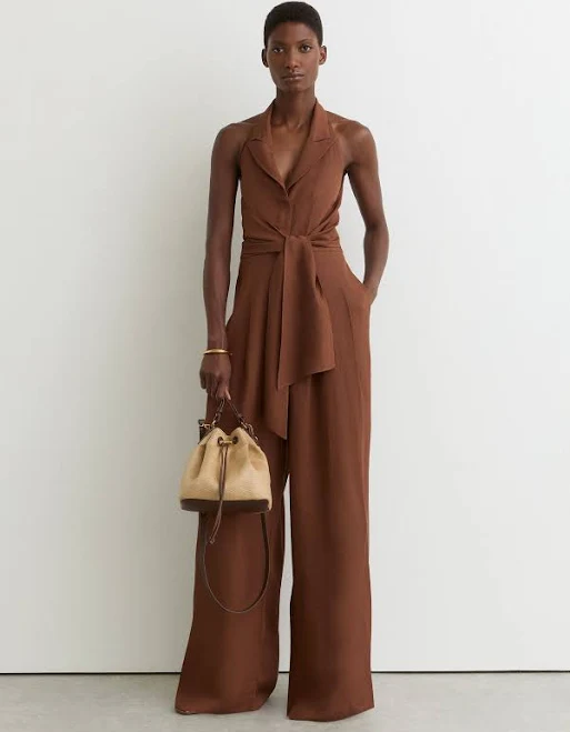 jumpsuit Reiss - Rust Orange Tie-front Wide-leg Jumpsuit With Linen, 10 Reiss $355