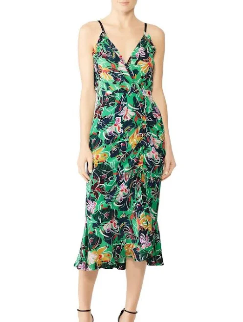 dress Saloni Jennie Emerald Green Floral Silk V-neck Ruched Midi Dress Size eBay - agentcloseteur $79.2