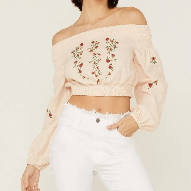 top Shyanne Women's Off Shoulder Floral Embroidered Long Sleeve Crop Sheplers.com $37.97