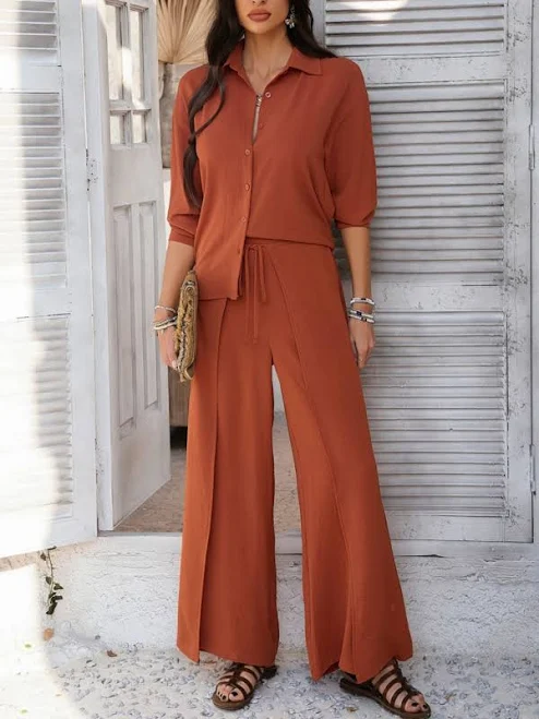 matching set Trendsi Devine Button Down Long Sleeve Top and Wide Leg Pants Set Charming Charlie $63.6