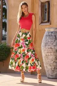 skirt Tropical Oasis Tiered Poplin Midi Skirt Pink/Green Boston Proper $69.98