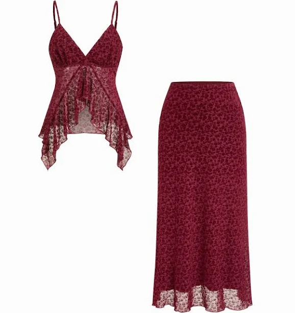 matching set Velvet V-Neck Floral Ruffle Cami Top & Mid Rise Midi Skirt Set Cider $37.9