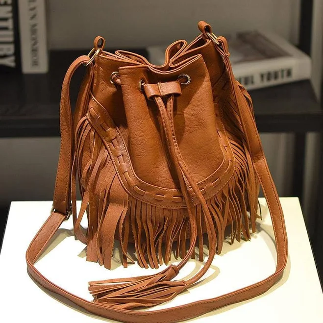 bag Vintage Leather Fringe Tassel Crossbody Bucket Bag Baginning $49.99
