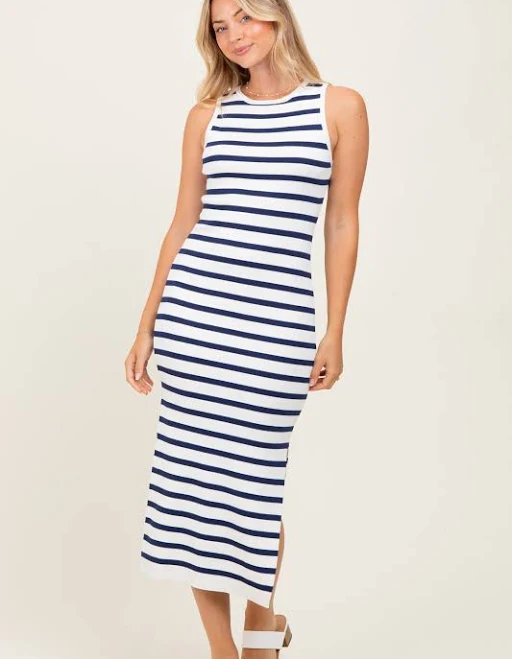 dress White Navy Striped Knit Sleeveless Side Slit Midi Dress PinkBlush Maternity $16