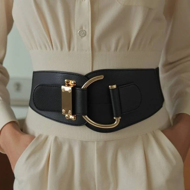 accessory Women Black Stretch Wide Faux Leather Wide Fabric Belt Gold Hook eBay - womensplussizebelts $18.95