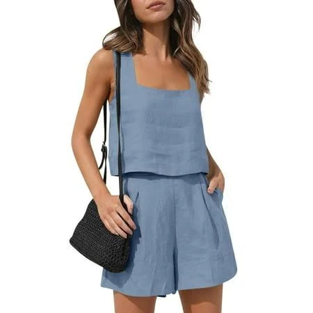 matching set Women's Linen Sleeveless Crop Tank Tops and High Waist Lounge Shorts with Pockets Walmart - mohiass $13.88