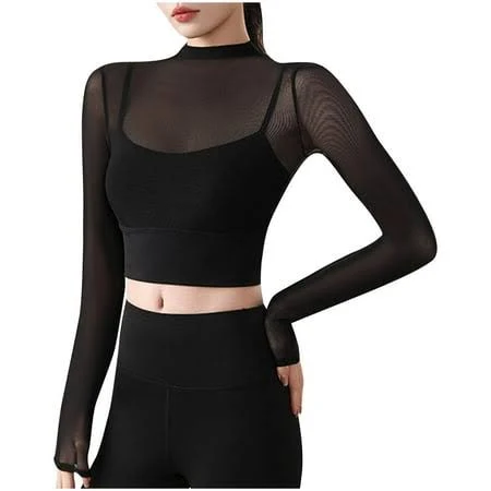 top Women's Mesh See-Through Breathable Mock Crew Neck Long Sleeve Crop Top Walmart - Fashion Outfits For You $6.18