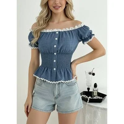 top Women's Off Shoulder Puff Short Sleeve Lace Trim Peplum Hem Blouse Target $35.99