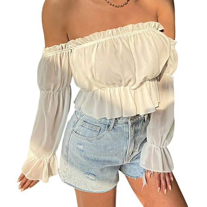 top Women's Off Shoulder Ruffle Trim Long Sleeve Smocked Waist Chiffon Crop Top, Size: Small, White Kohl's $25.99