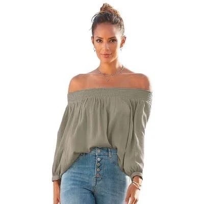 top Women's Smocked Off Shoulder Blouse Shirt - LASCANA - Khaki Solid 0/2 Target $49.95