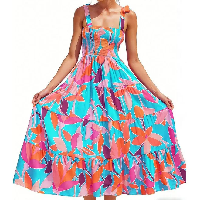 dress Women's Tropical Print Maxi Dress Square Neck Tie Strap Tiered Flowy Summer Beach Dress, Size: 2XL, Orange Kohl's $44.19