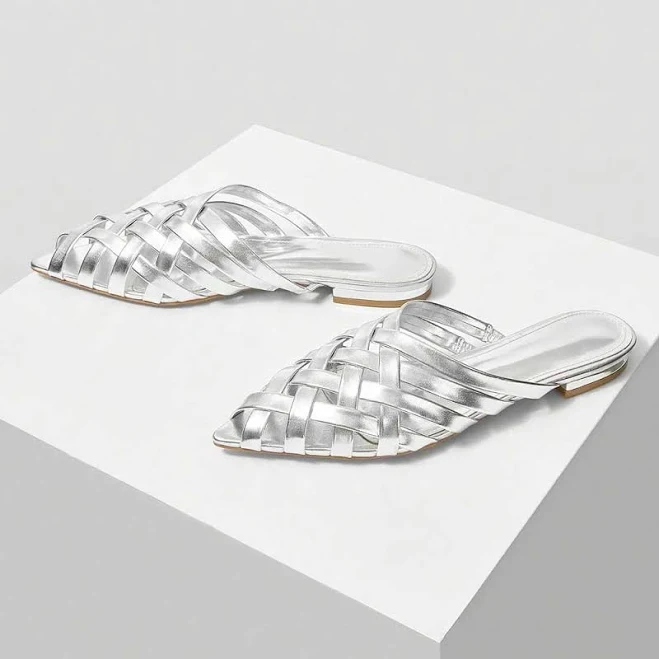 shoes Women's Woven Metallic Finish Pointed Toe Flat Mules fsjshoes $95