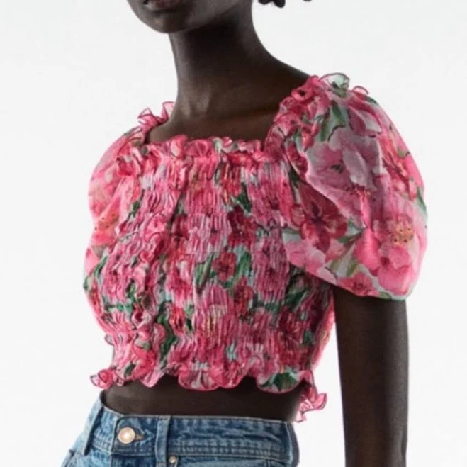top Zara Tops | Zara Pink Floral Smocked Crop Top With Puff Sleeves | Color: Green/Pink | Size: Xs | Pm-72761756's Closet Poshmark $25