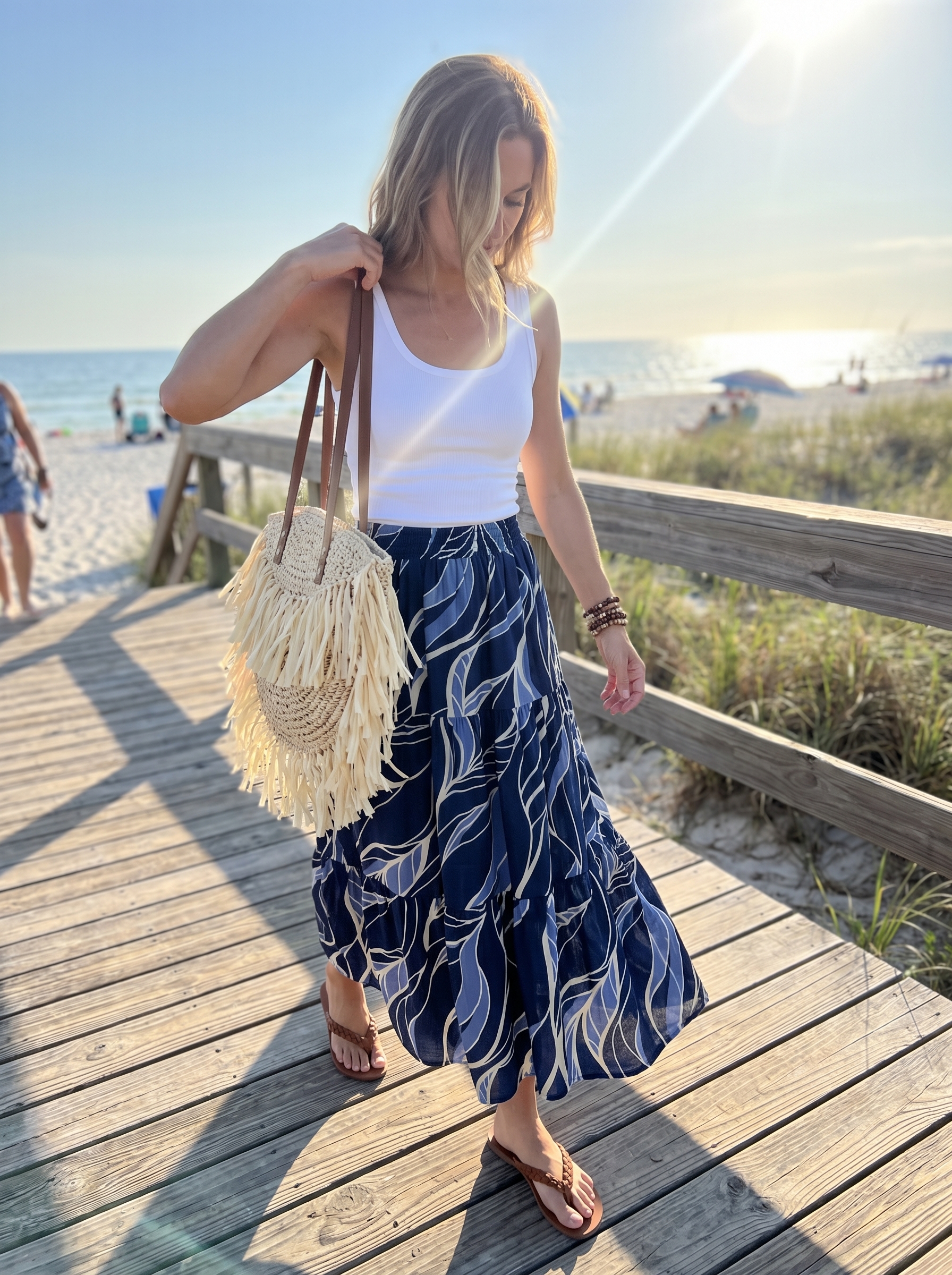 Bohemian resort wear 2026 outfit with a flowy blue print maxi skirt, white tank top, and woven accessories for a beach walk.
