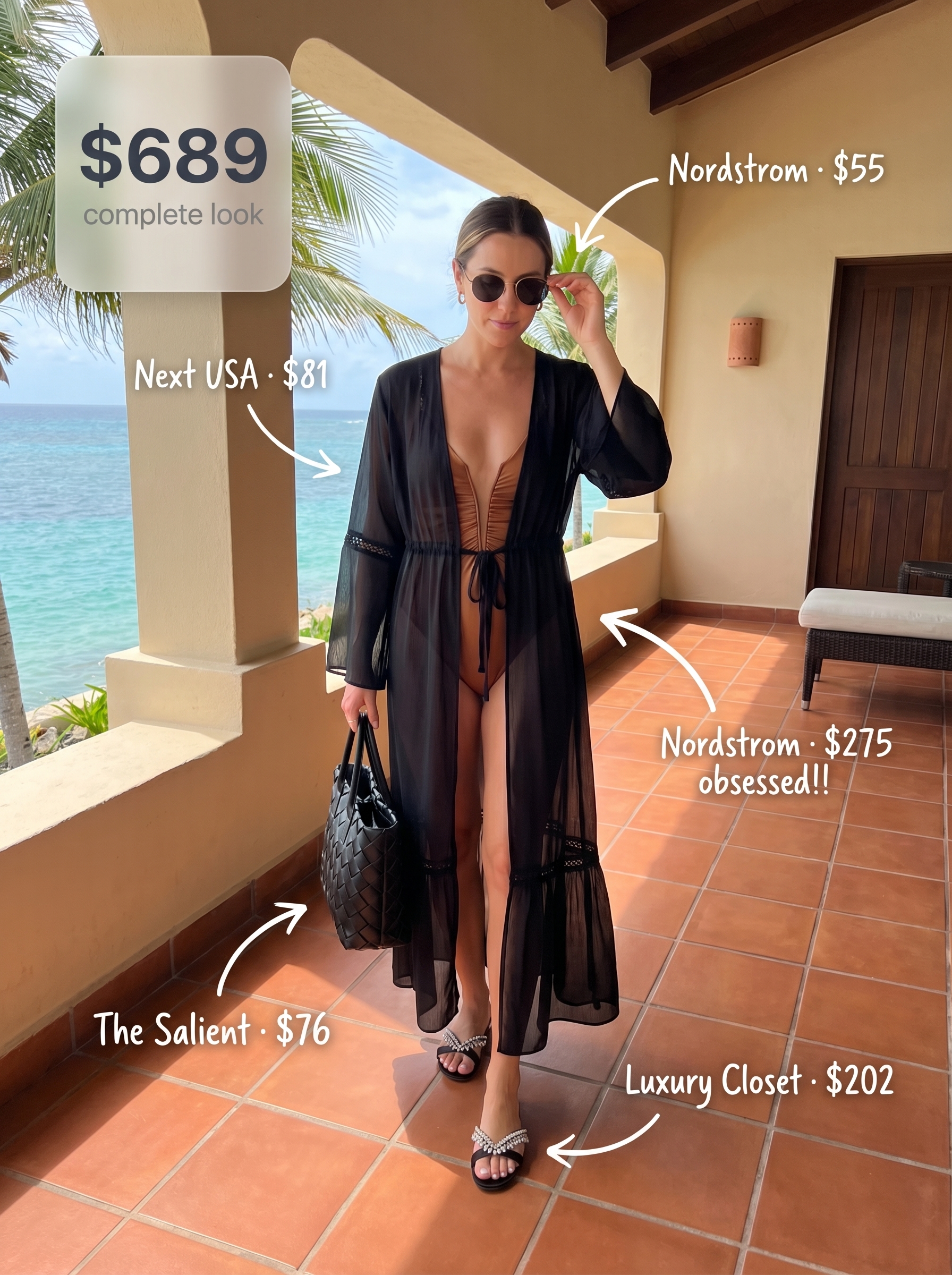 Glamorous black kimono cover-up, metallic bronze swimsuit, embellished sandals, and oversized sunglasses for resort wear 2026.