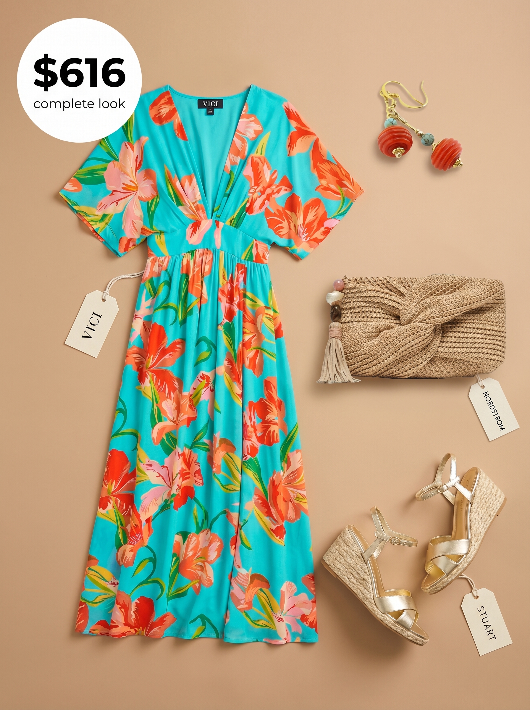 Vibrant turquoise & coral tropical print maxi dress, gold espadrilles, and statement earrings for resort wear 2026.