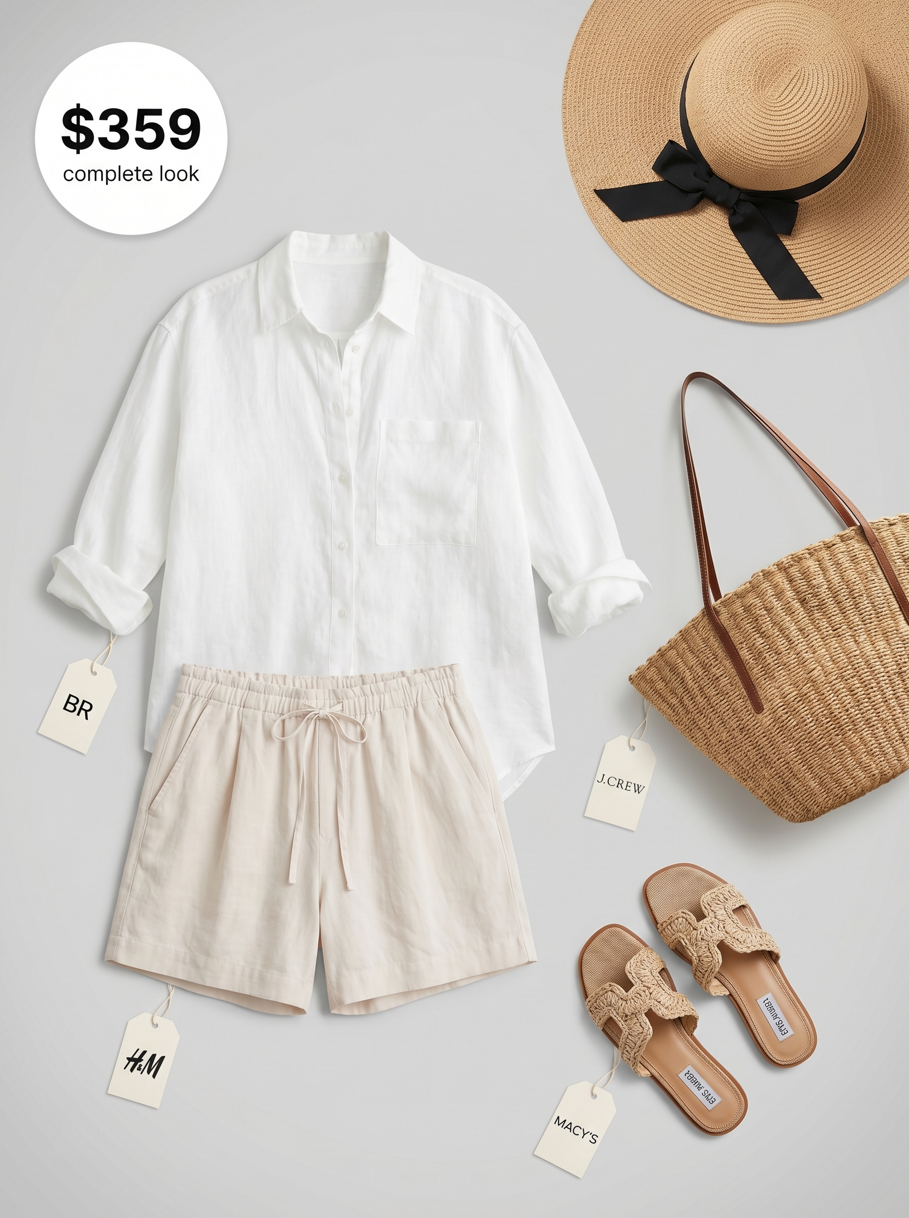 Chic resort wear 2026 outfit with white linen button-down, high-waisted shorts, straw hat, and raffia sandals for a stylish brunch.