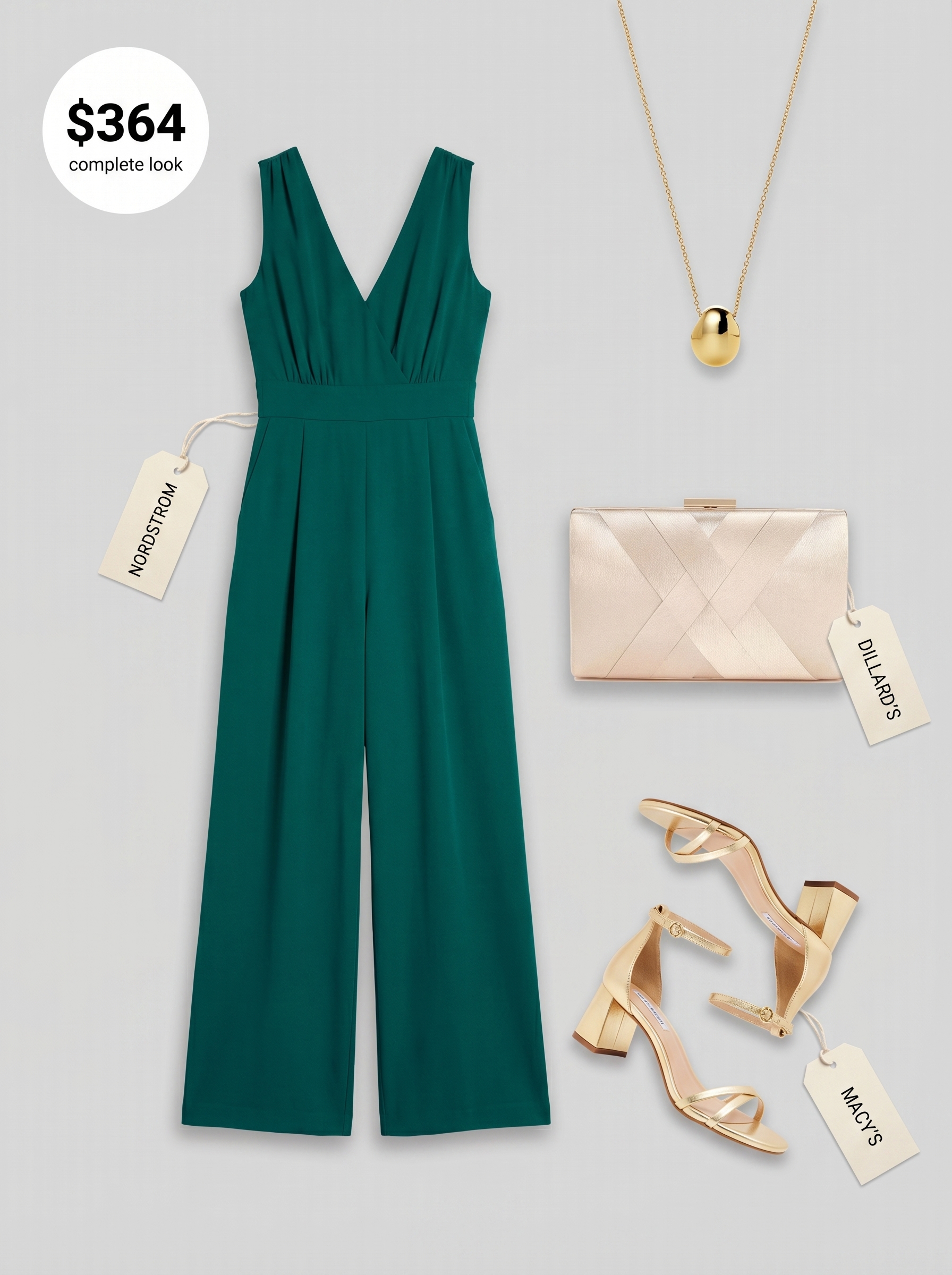 Sophisticated emerald green resort wear 2026 jumpsuit with gold accessories perfect for evening dining and date night.