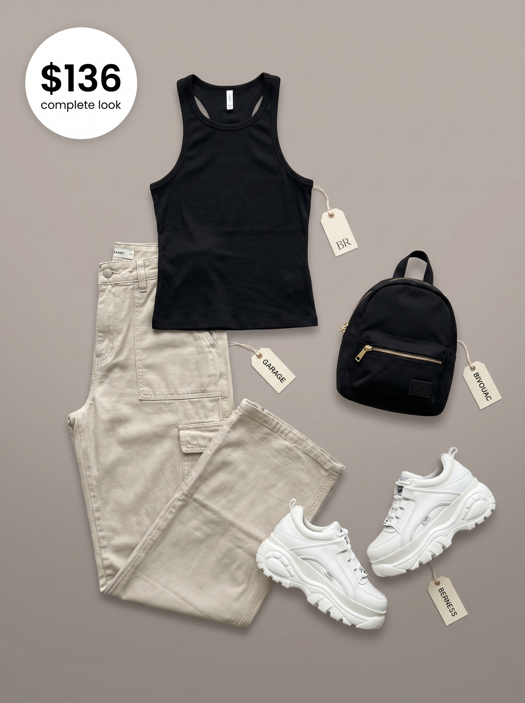 Utilitarian school summer outfits 2026: Stone beige cargo pants, black tank, platform sneakers for cafe study breaks.