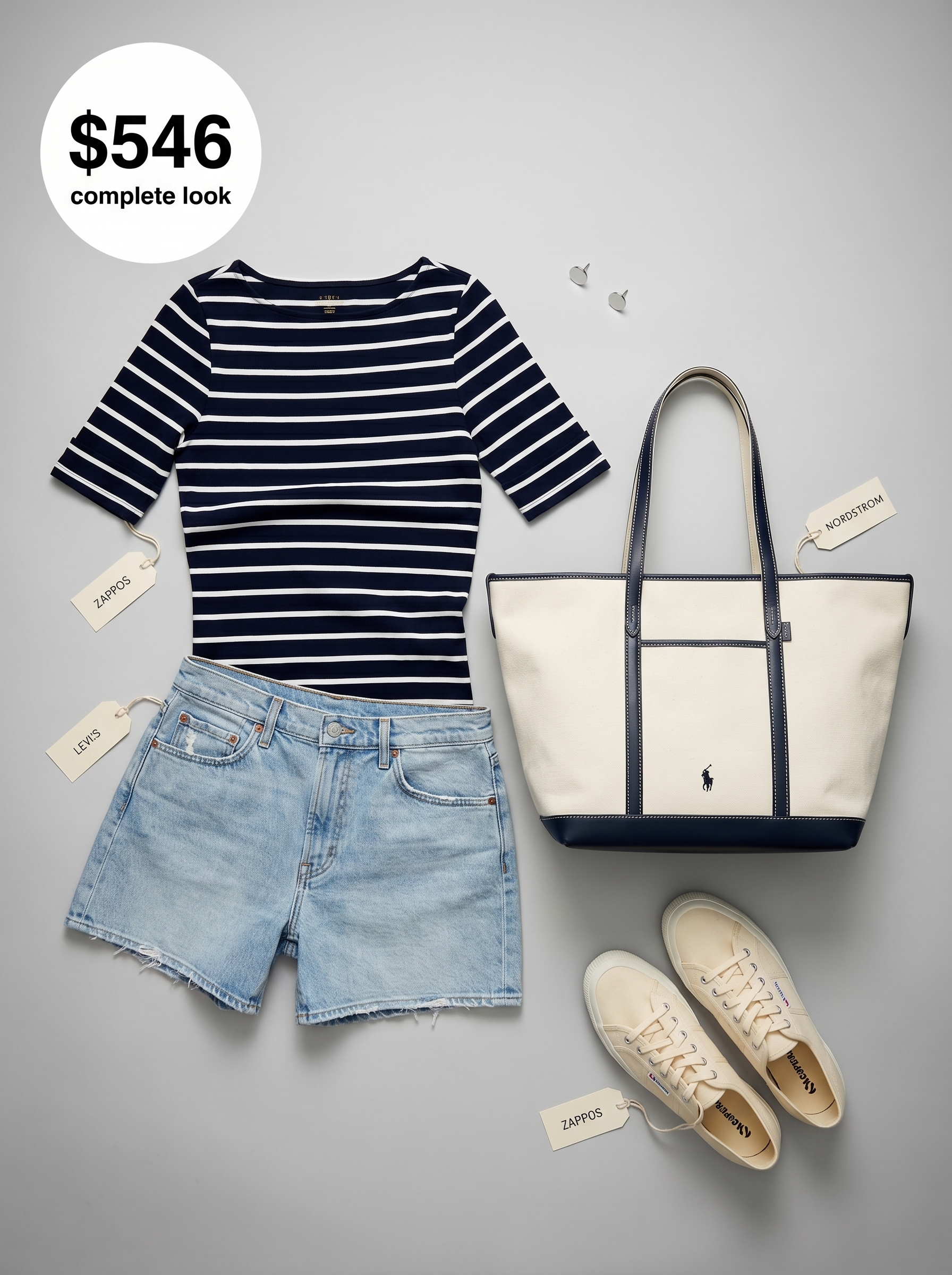 Effortless school summer outfits 2026: Light wash denim shorts, navy striped top, canvas sneakers for campus wear.