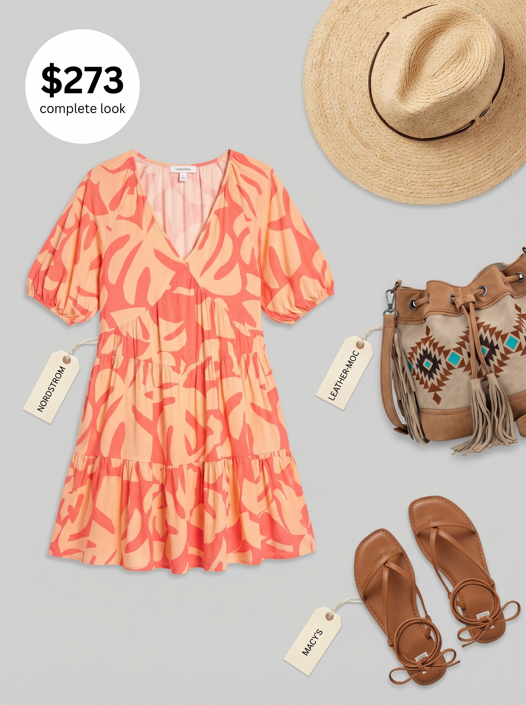 Playful school summer outfits 2026: Coral floral mini sundress, gladiator sandals, straw hat for outdoor events.
