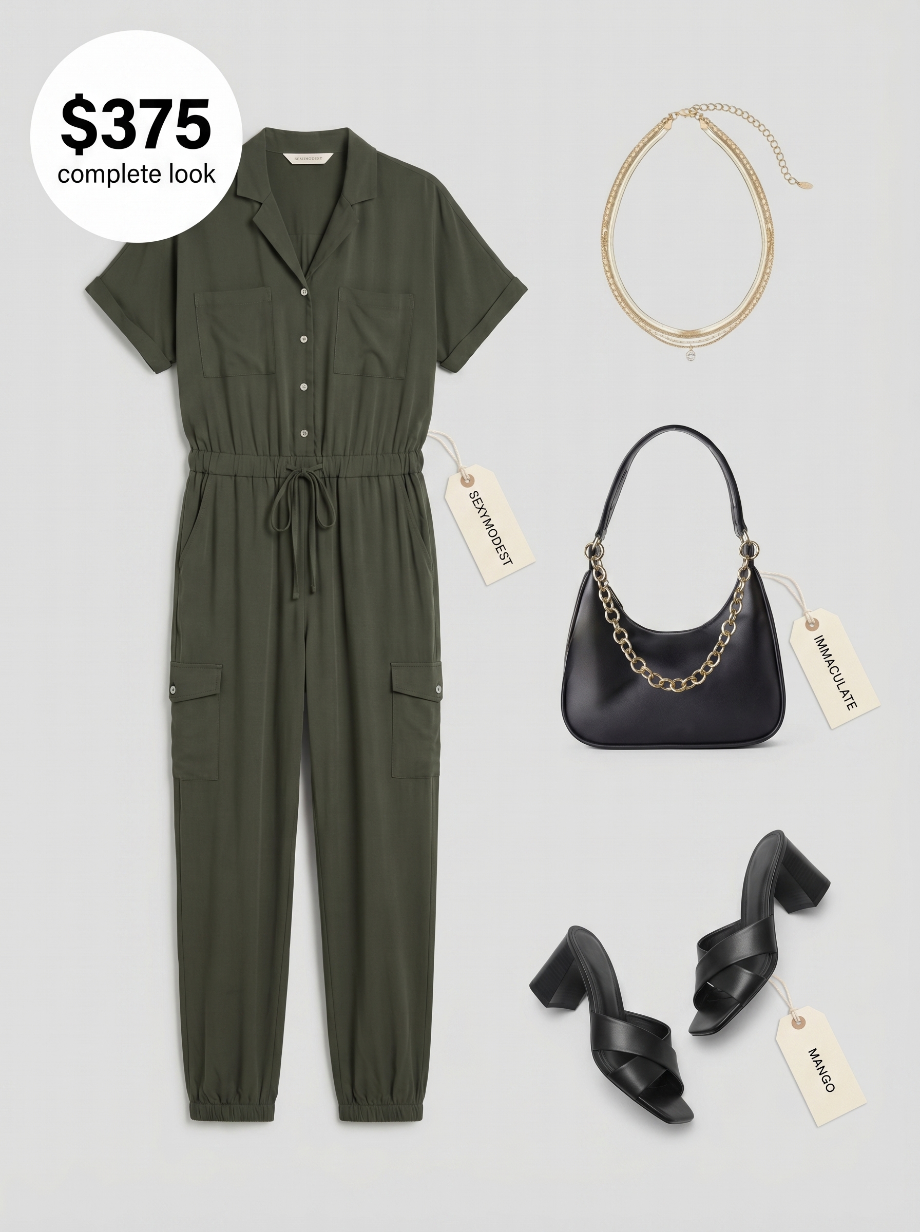 Chic olive green utility jumpsuit with black block-heel sandals and layered gold necklaces, a stylish school summer outfit for evening events.
