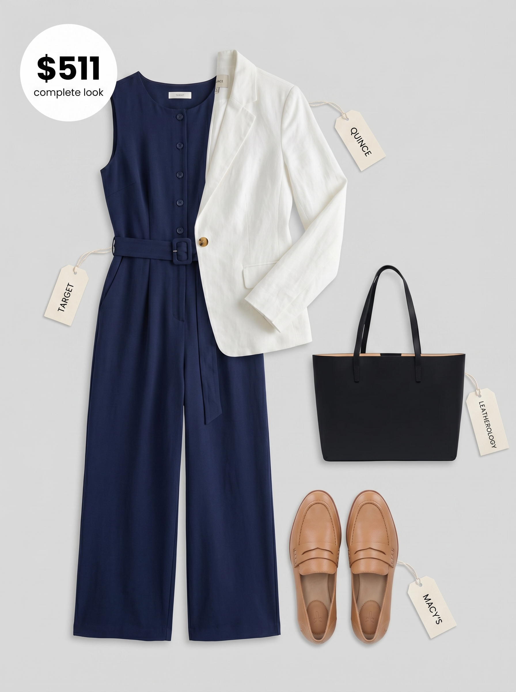 Polished navy wide-leg jumpsuit with a white linen blazer and tan loafers, a chic school summer outfit for internship days.