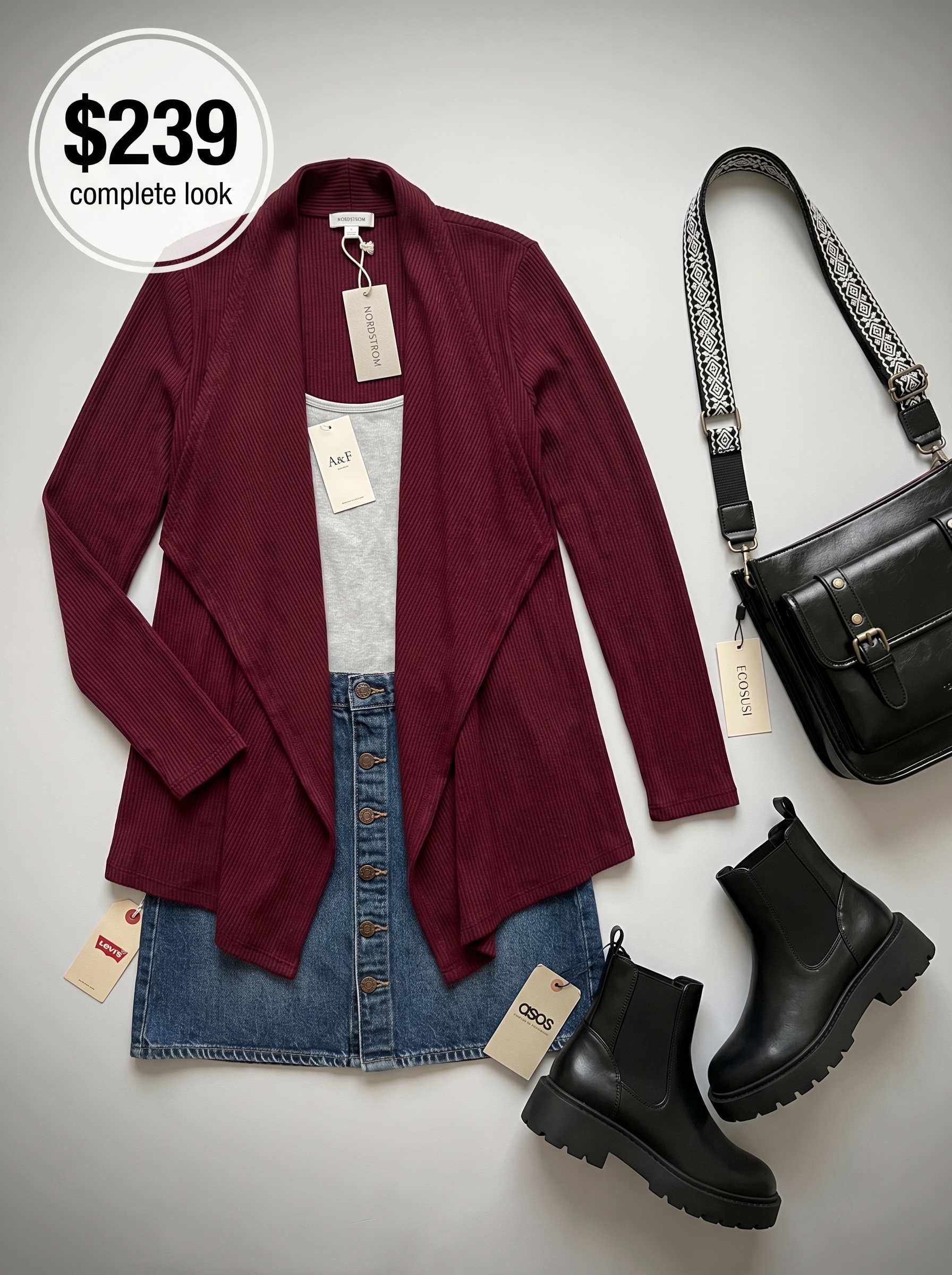 Practical school summer outfits 2026 for morning classes featuring a dark denim mini skirt, grey camisole, and burgundy cardigan with black Chelsea boots.