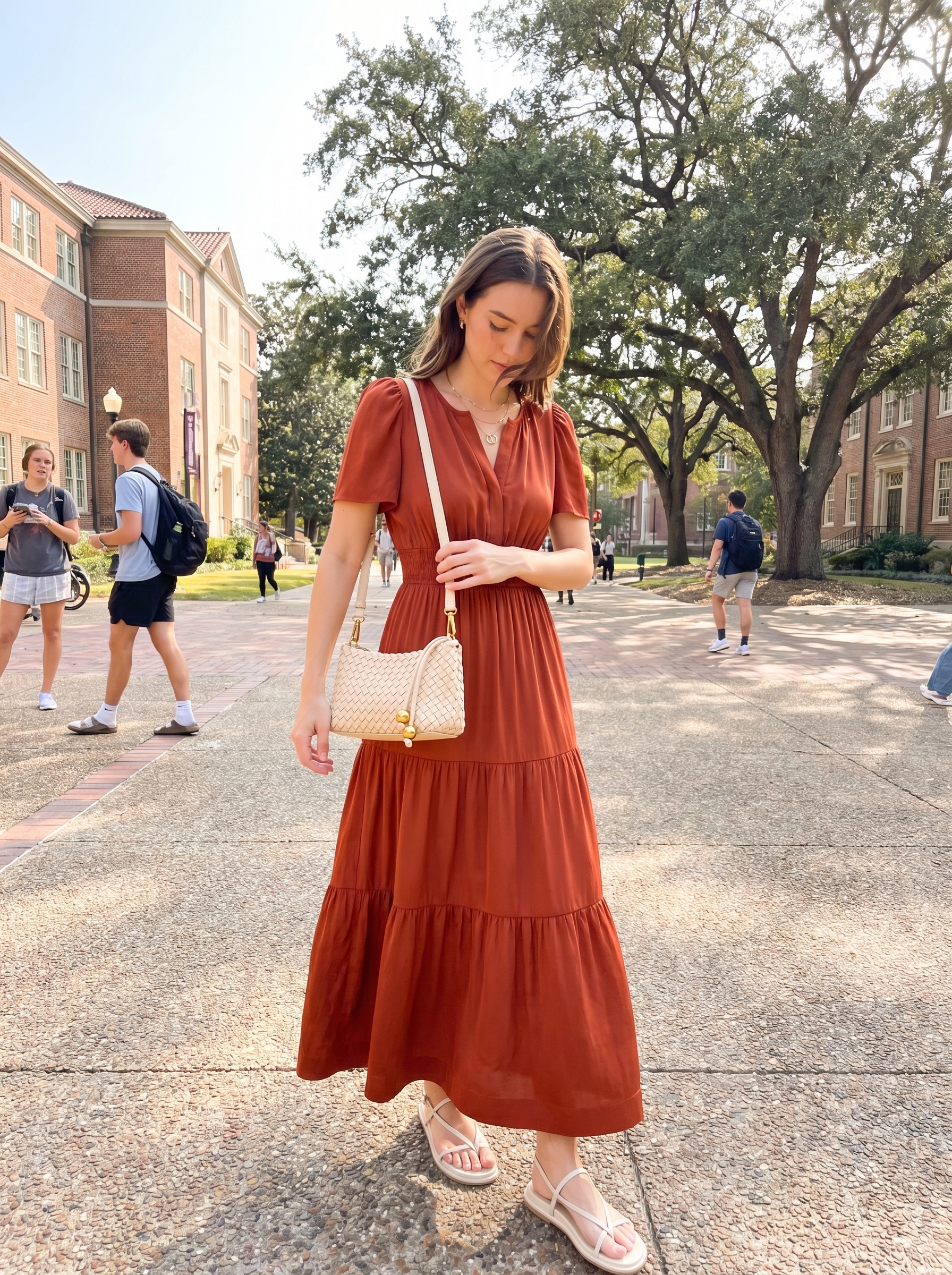 Sophisticated school summer outfits 2026: Terracotta maxi dress, strappy sandals, woven bag for lectures or campus events.