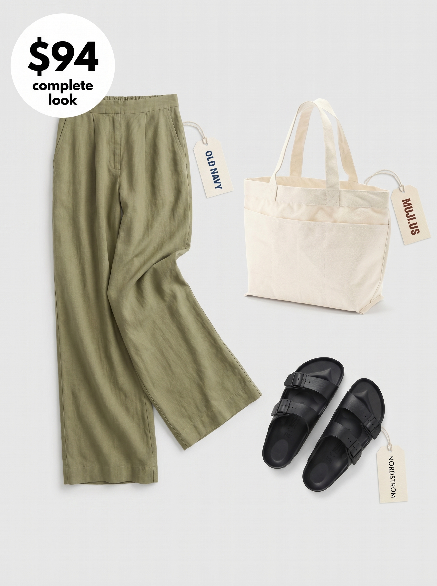 Relaxed school summer outfits 2026: Olive green wide-leg pants, white tee, slide sandals for outdoor study sessions.