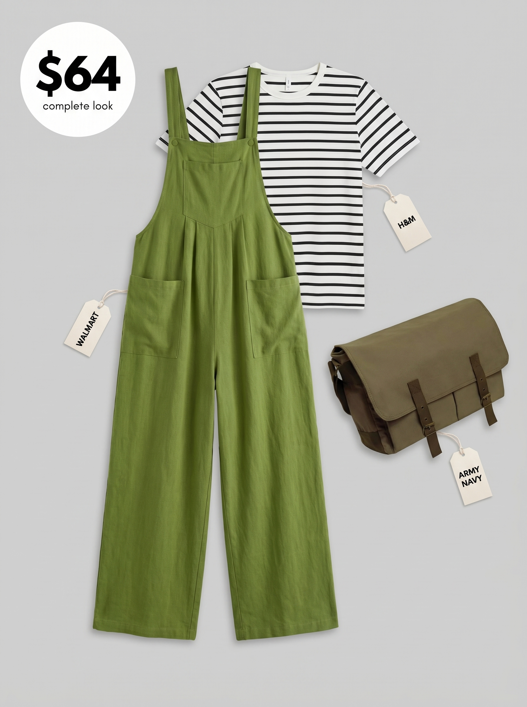 Comfortable khaki green linen blend overalls with a striped t-shirt and black high-top sneakers, a casual school summer outfit for art class.