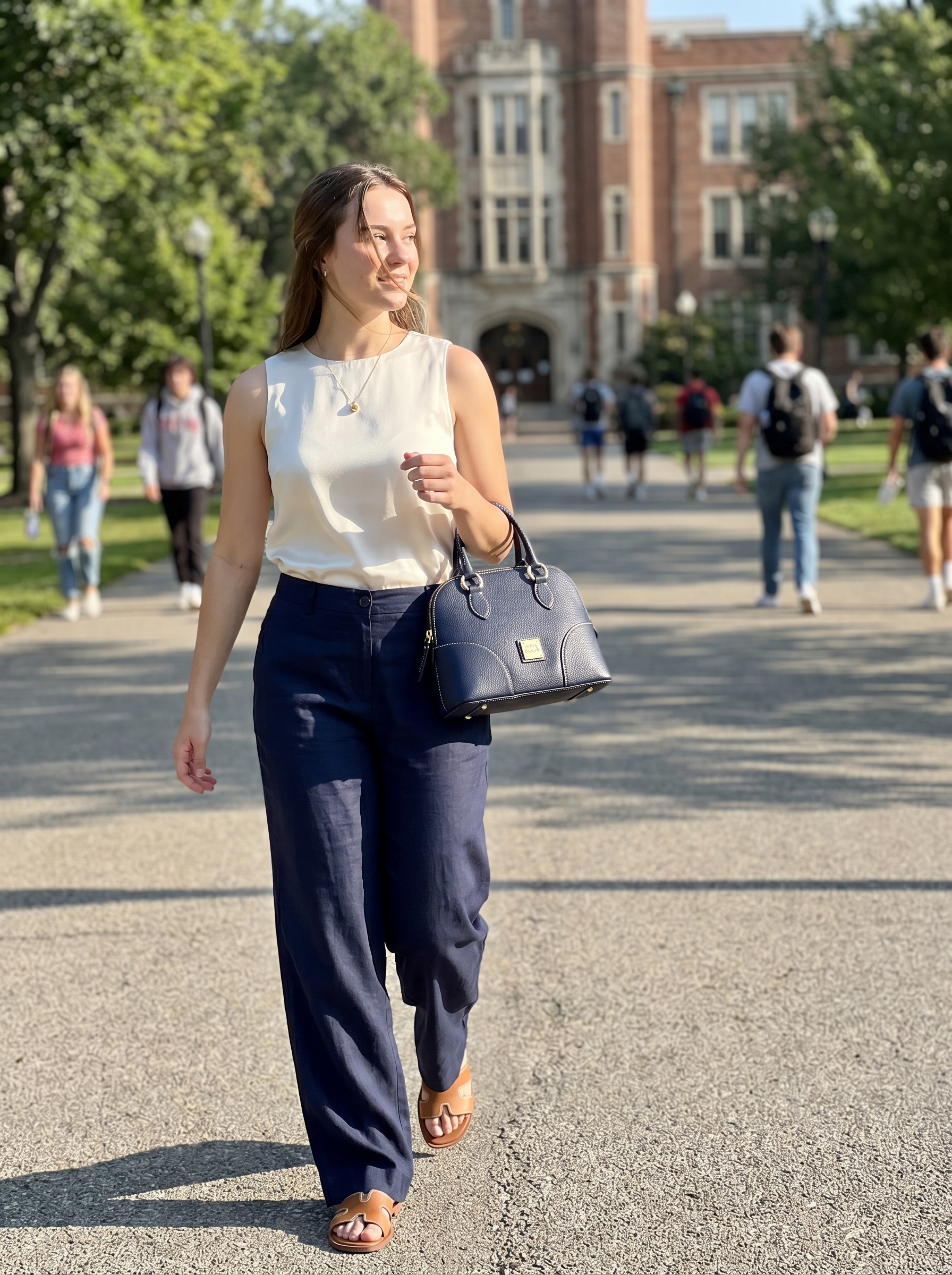 Sophisticated navy blue linen blend pants with a cream knit tank and flat tan sandals, a great school summer outfit for an internship lunch.