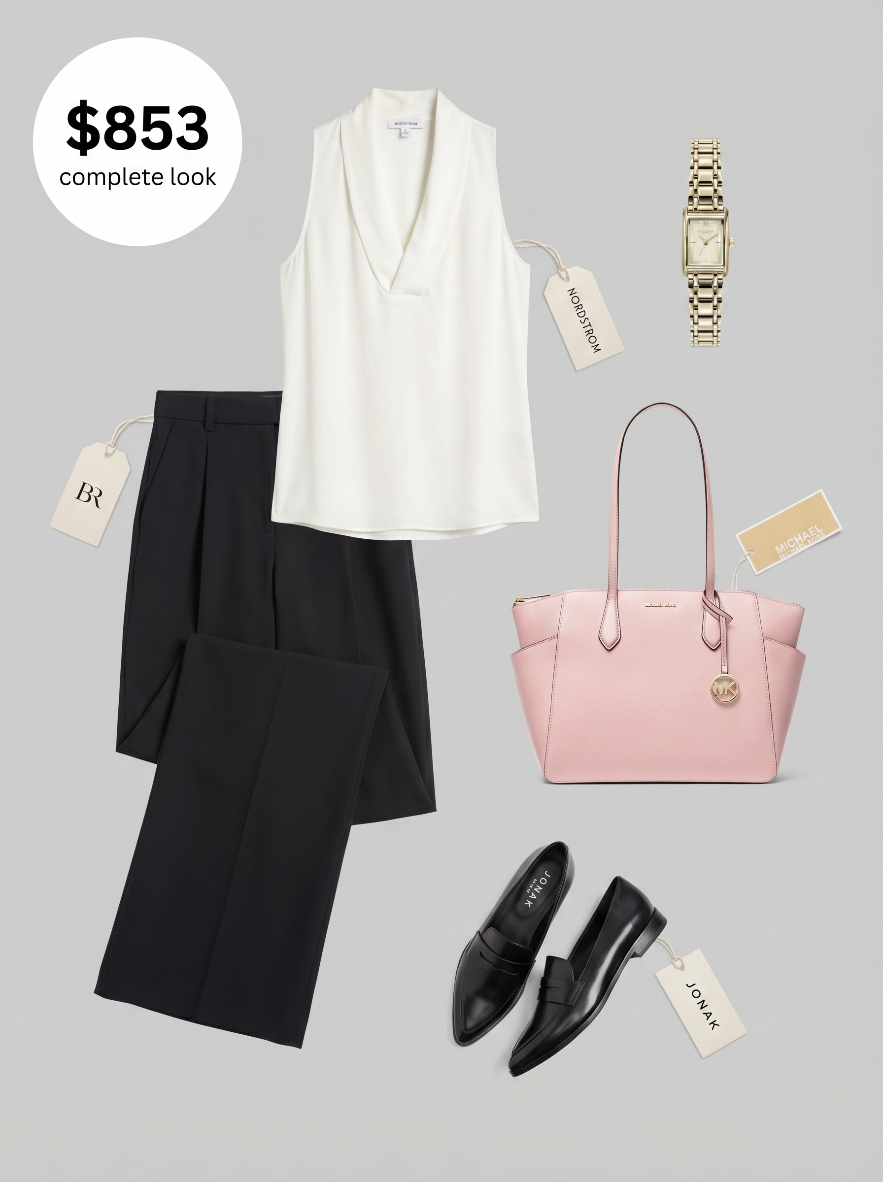 Polished black wide-leg trousers with a white sleeveless blouse and black loafers, a smart school summer outfit for lectures or presentations.