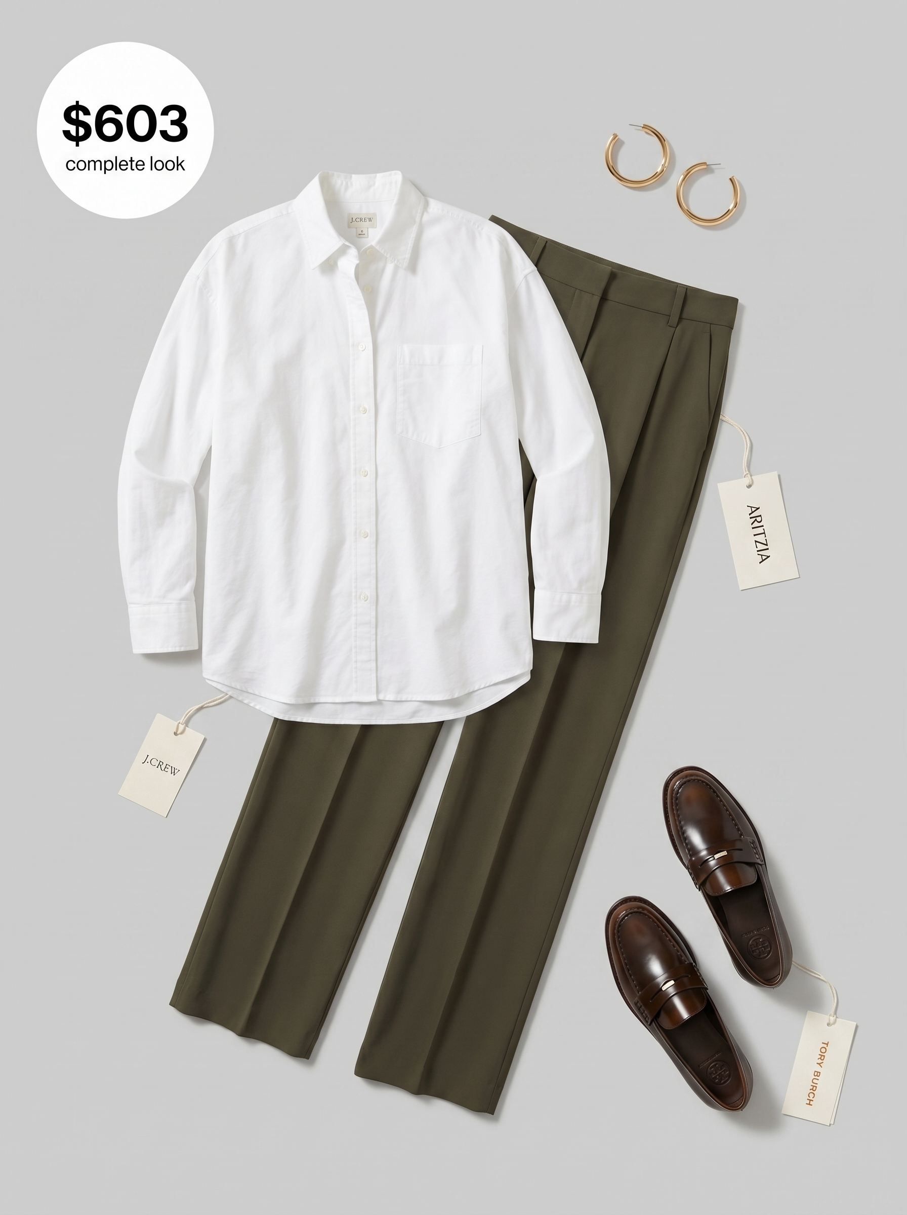 Polished olive green wide-leg pants with an oversized white button-down and brown loafers, a relaxed school summer outfit for study breaks.