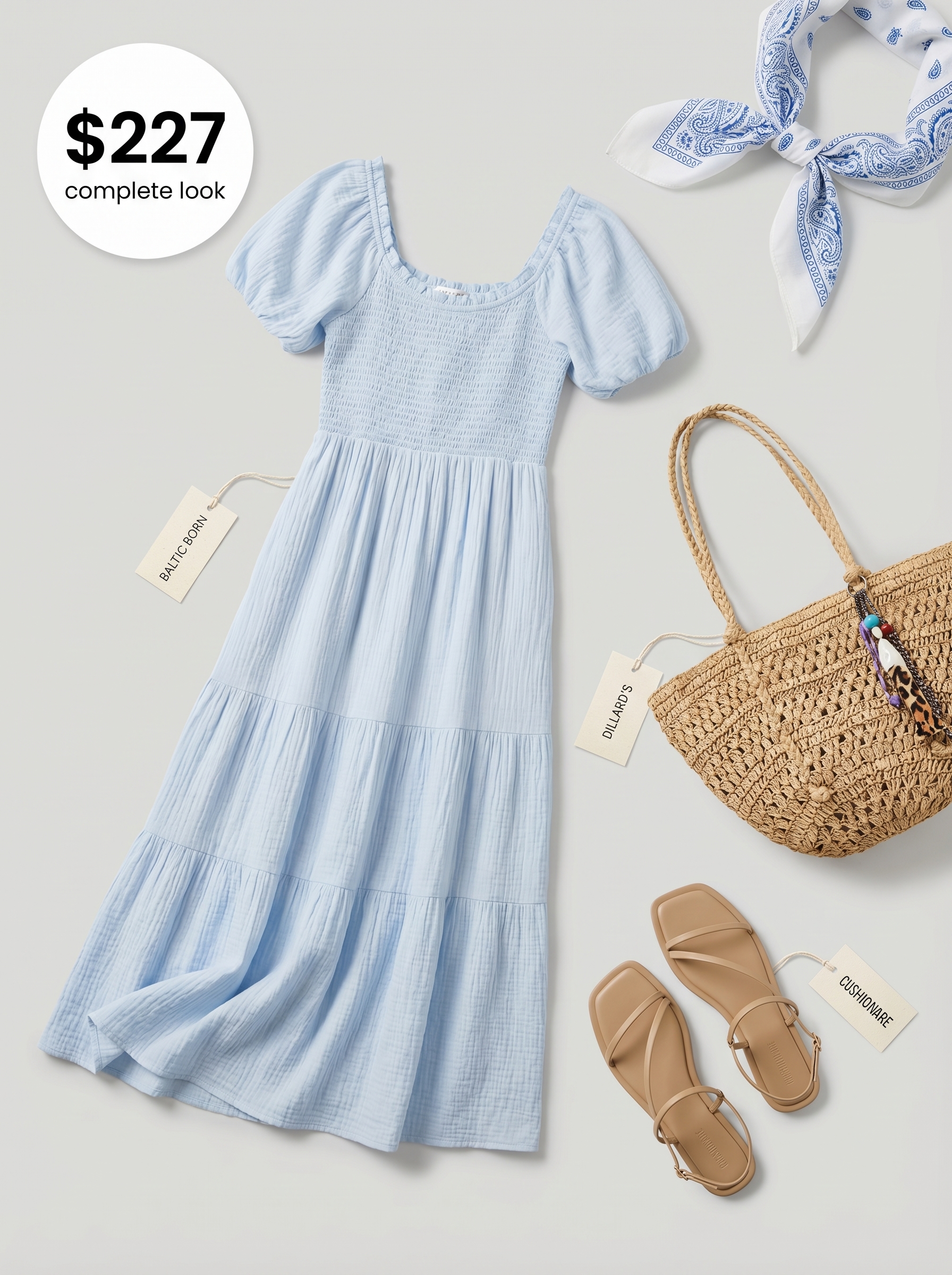 Whimsical school summer outfits 2026: Sky blue smocked maxi dress, strappy sandals, straw tote for campus picnics.