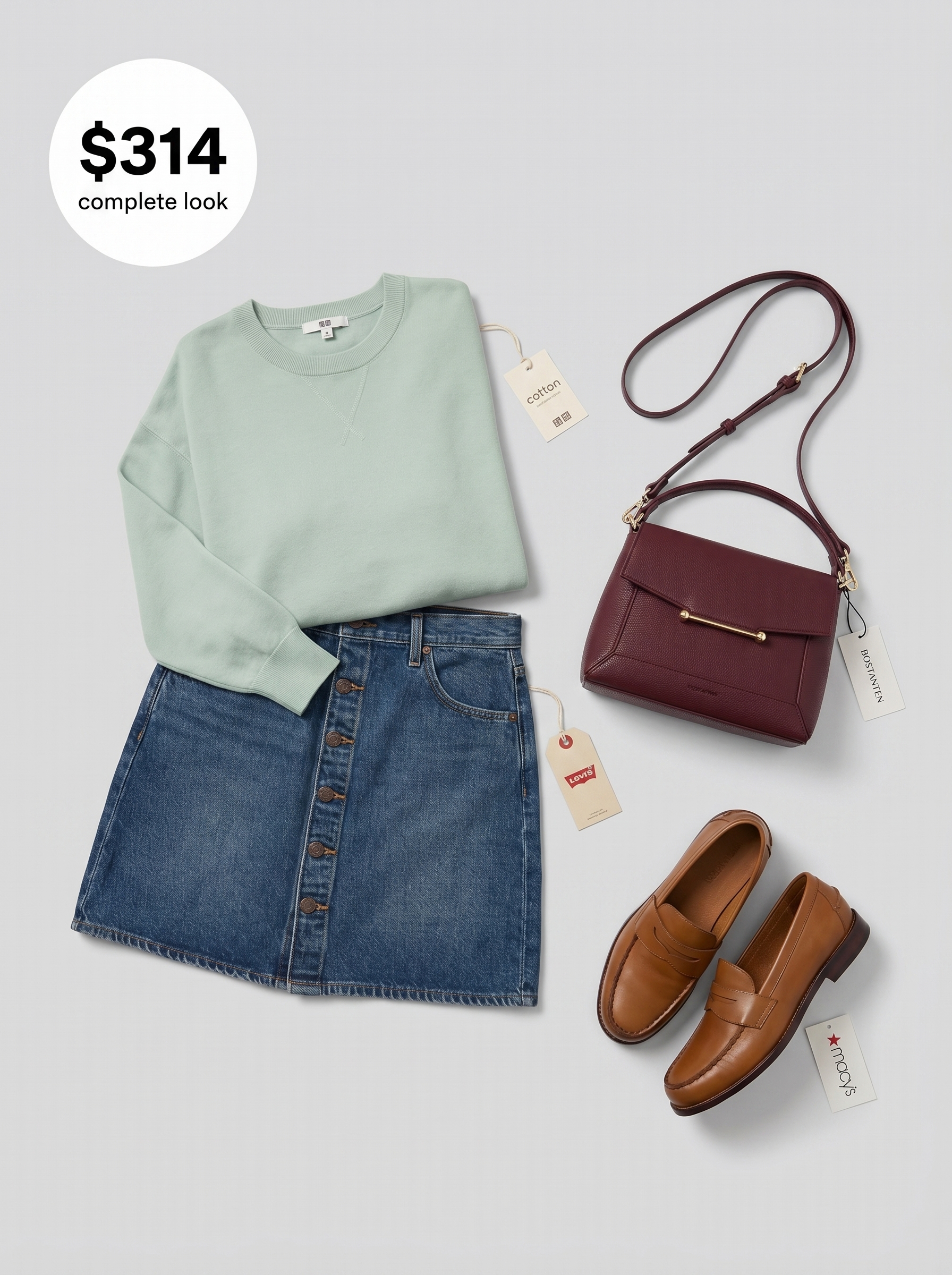 Smart casual denim A-line mini skirt with a sage green sweater and tan penny loafers, a cozy school summer outfit for morning lectures.