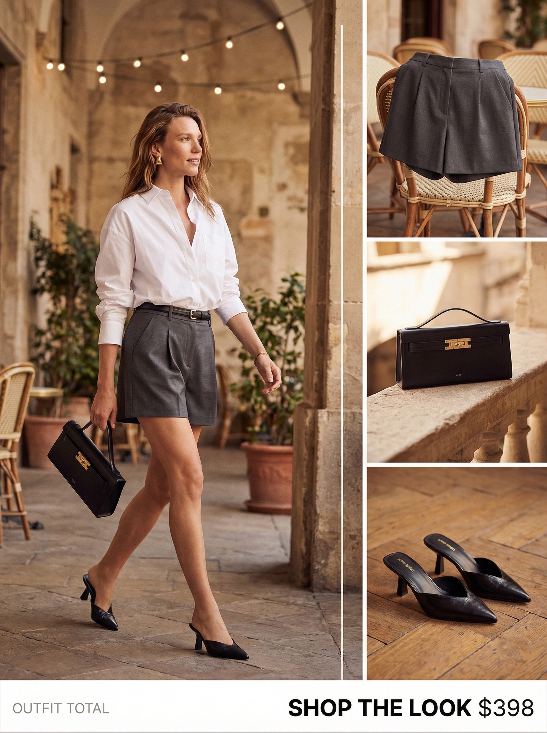 Simple Summer Outfits 2024: Art Gallery Cool A sophisticated 'Art Gallery Opening' simple summer outfit: oversized white shirt, black tailored shorts, leather mules, and mini bag.