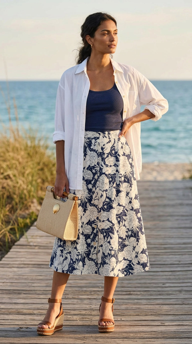 Simple Summer Outfits 2024: Coastal Garden Chic An elegant 'Coastal Garden Party' simple summer outfit: white button-down, navy tank, white floral midi skirt, and espadrille wedges.