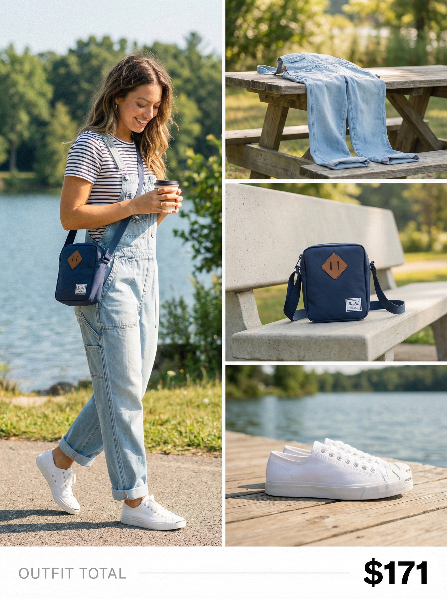 Lakeside Getaway: Simple Summer Overalls 2024 Playful simple summer outfit for a lakeside getaway: medium wash denim overalls, a navy and white striped t-shirt, white canvas sneakers, and a navy canvas crossbody bag.