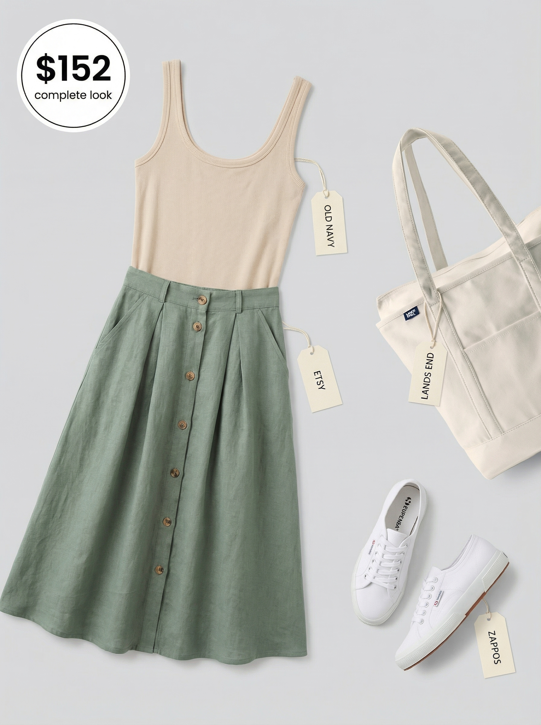 Simple Summer Outfits 2024: Farmer's Market Casual Simple summer outfit featuring an olive green linen A-line midi skirt, cream ribbed tank top, white sneakers, and natural canvas tote for a casual weekend farmer's market look.