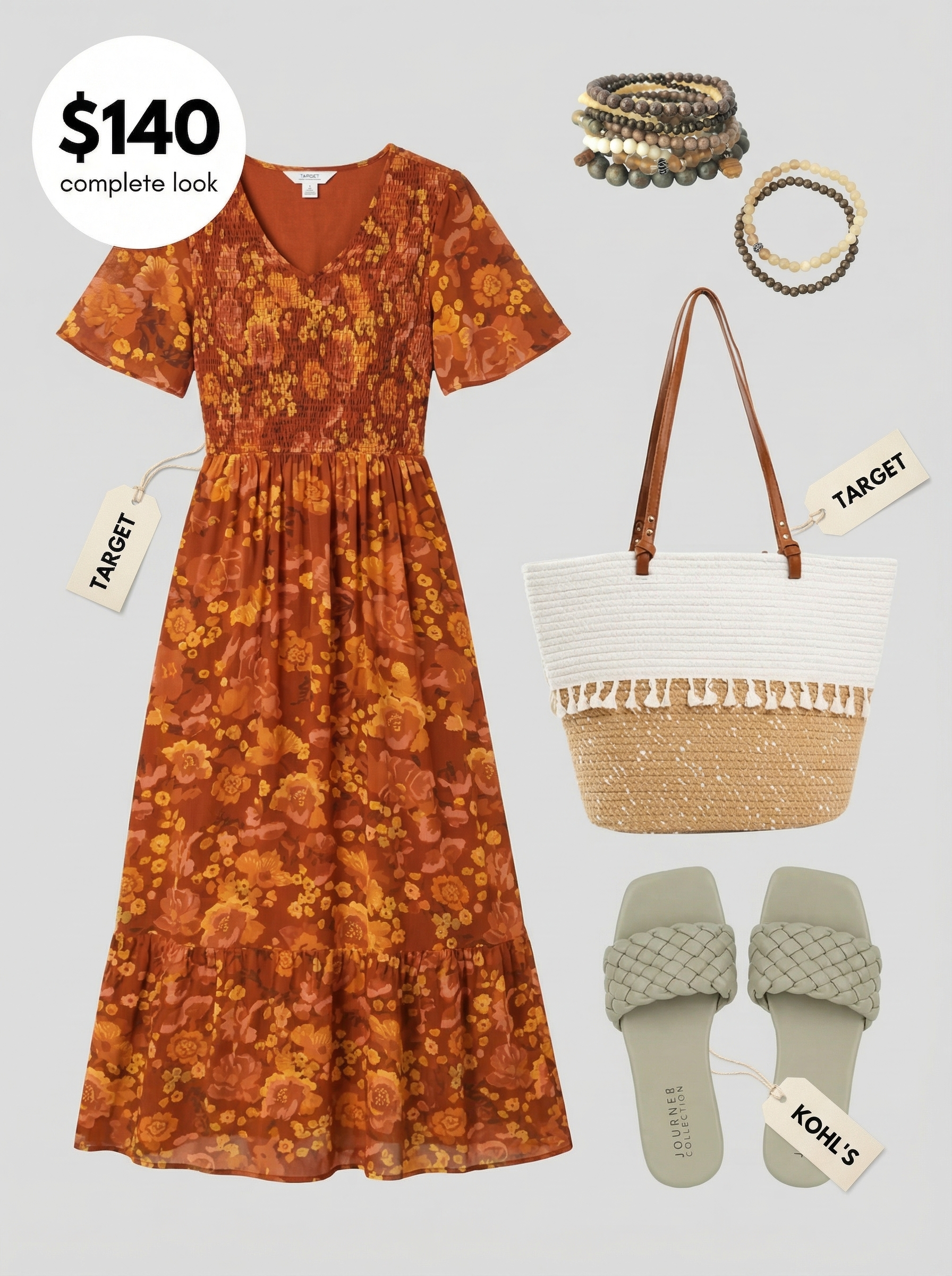 Bohemian Sunset Picnic: Simple Summer Maxi 2024 Bohemian simple summer outfit with a terracotta floral V-neck maxi dress, olive green braided slides, a cream woven tote bag, and beaded bracelets for a sunset picnic.
