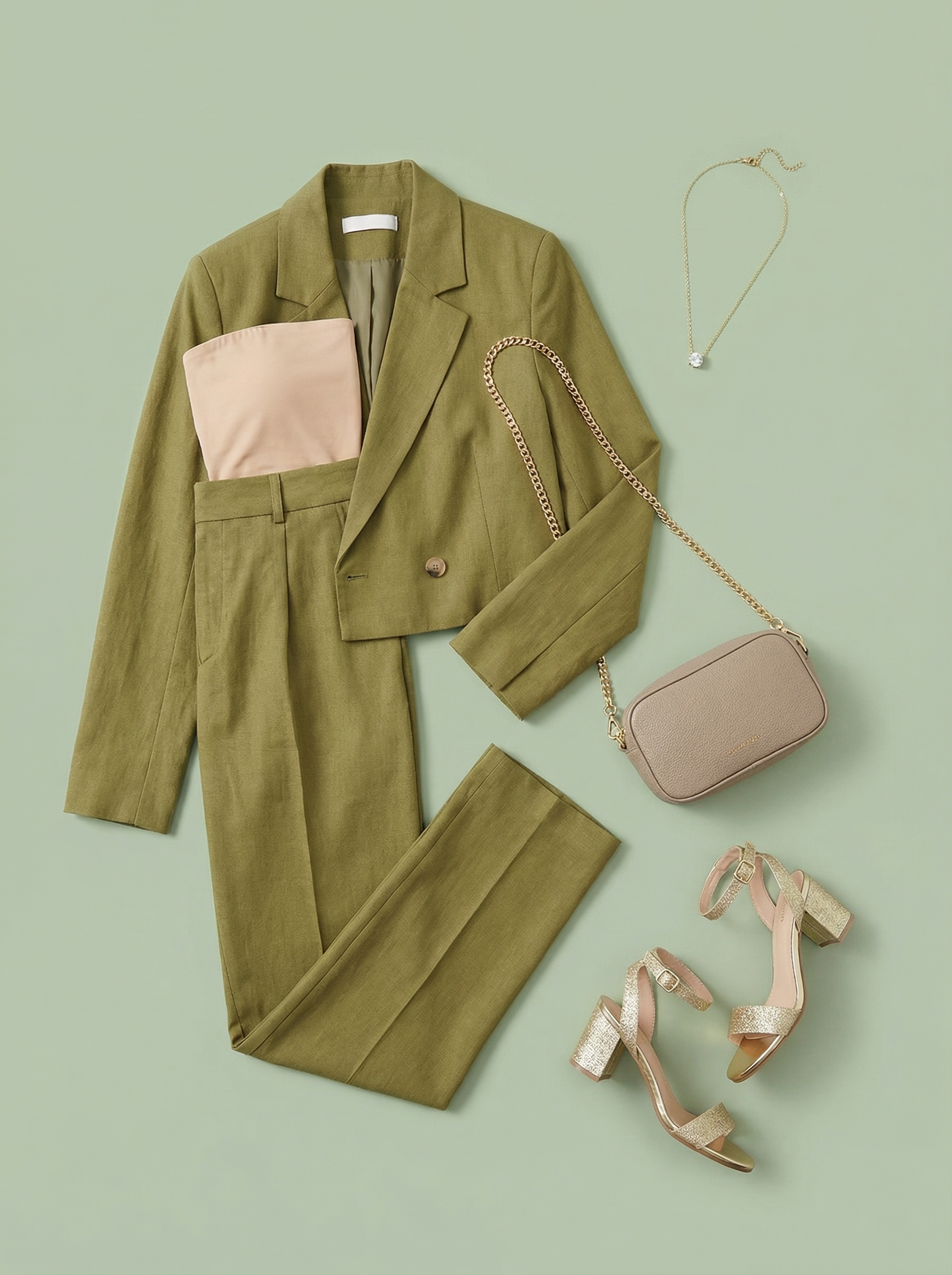 Simple Summer Outfits 2024: Elegant Garden Party Set A sophisticated 'Garden Party' simple summer outfit: sage green linen matching set, nude bandeau, gold sandals, and mini shoulder bag.