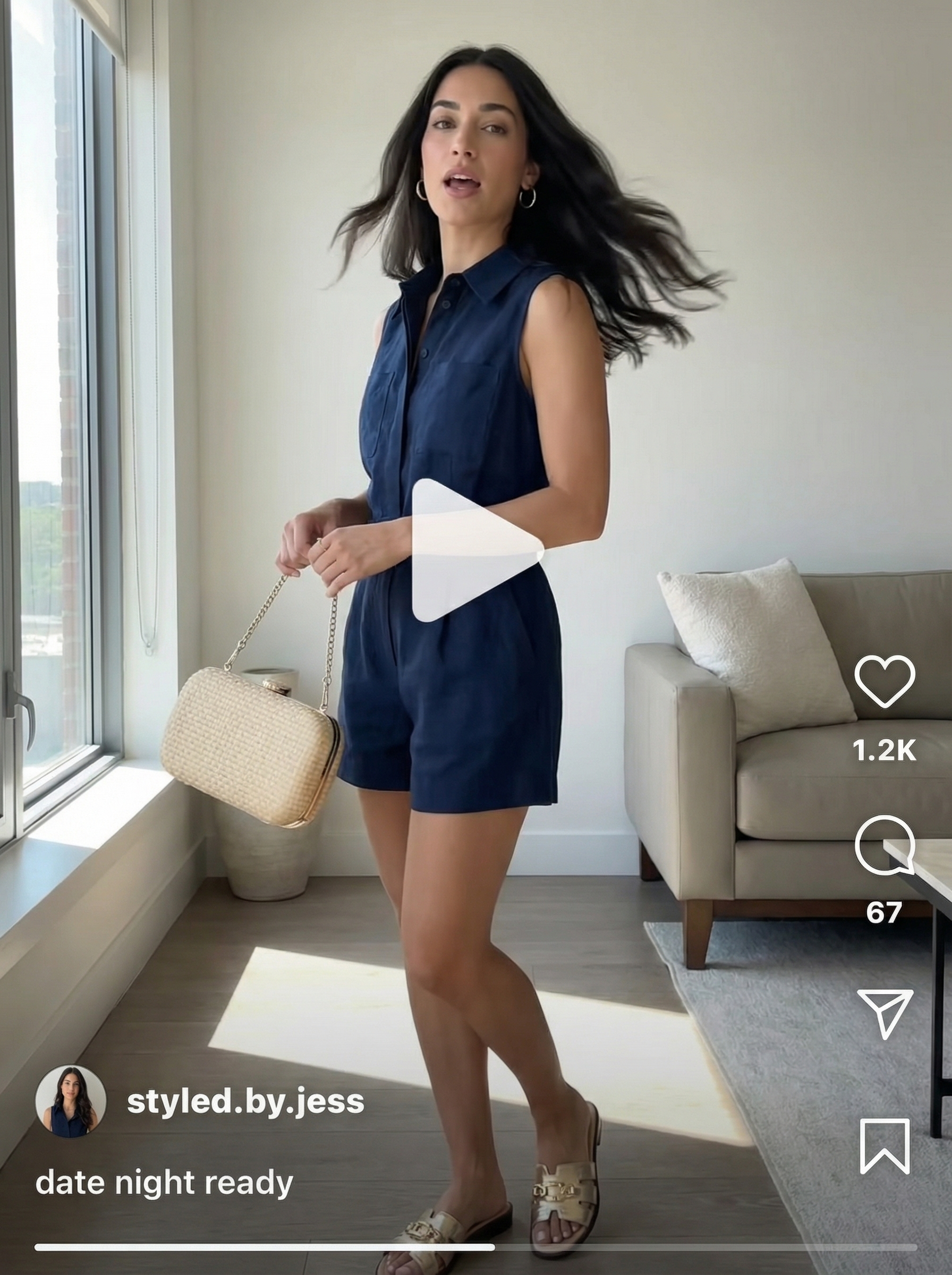 Resort Dinner Date: Simple Summer Romper 2024 Glamorous simple summer outfit for a resort dinner: a navy linen tailored romper, metallic gold slide sandals, an ivory raffia clutch, and delicate gold hoop earrings.