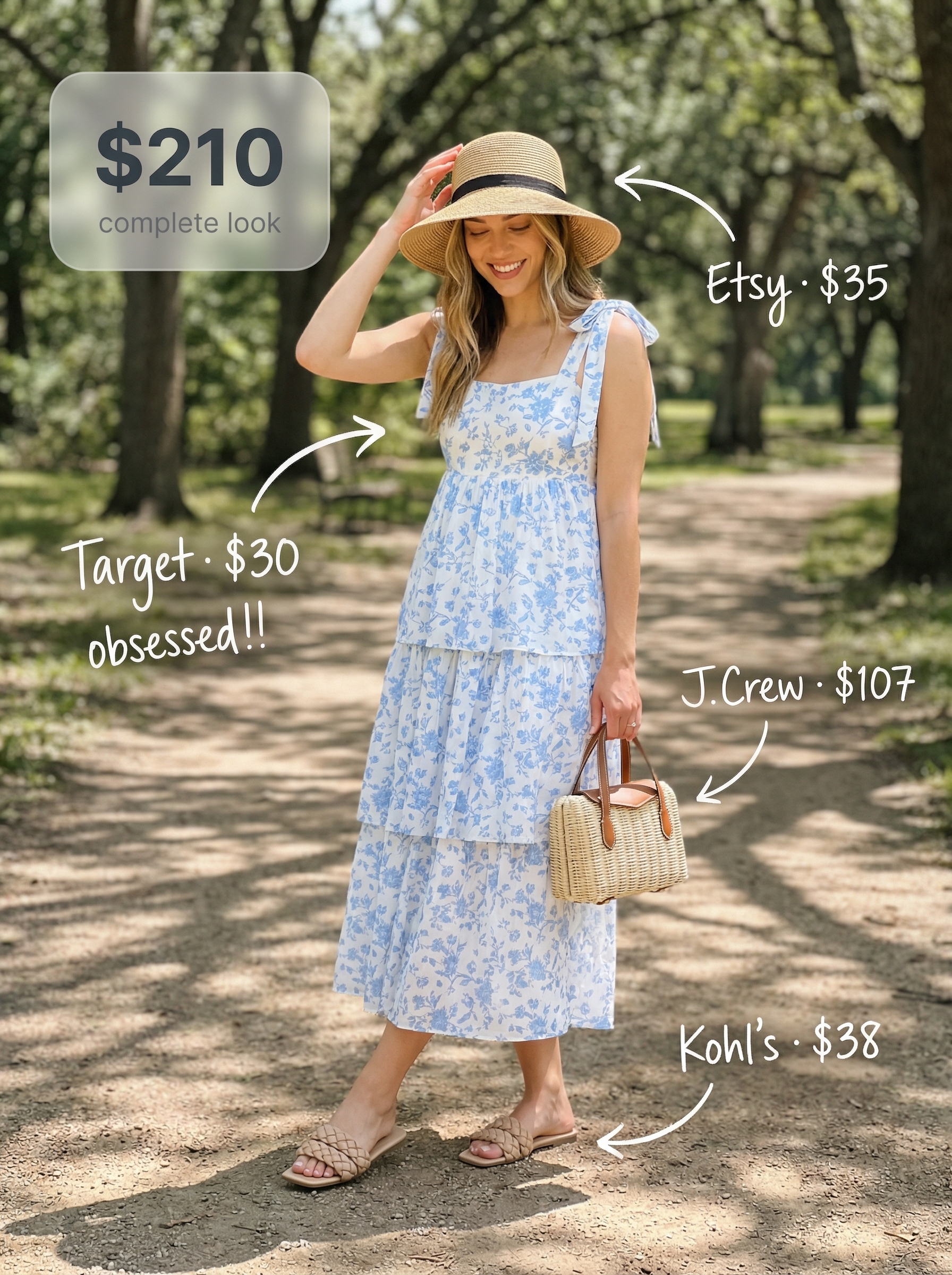 Simple Summer Outfits 2024: Perfect Picnic Dress A playful 'Sunny Day Picnic Dress' simple summer outfit: sky blue floral tiered midi dress, tan sandals, rattan bag, and straw hat.