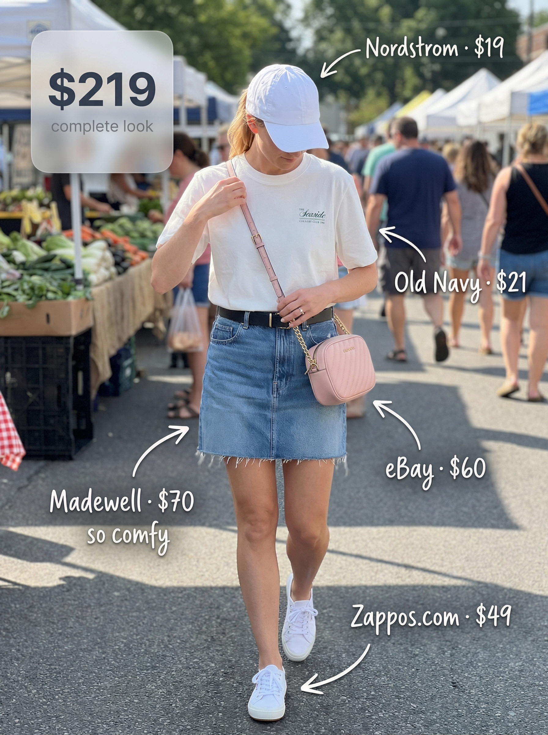 Simple Summer Outfits 2024: Chic Weekend Market Look A youthful 'Weekend Market Chic' simple summer outfit: denim mini skirt, graphic tee, white sneakers, and blush pink bag.