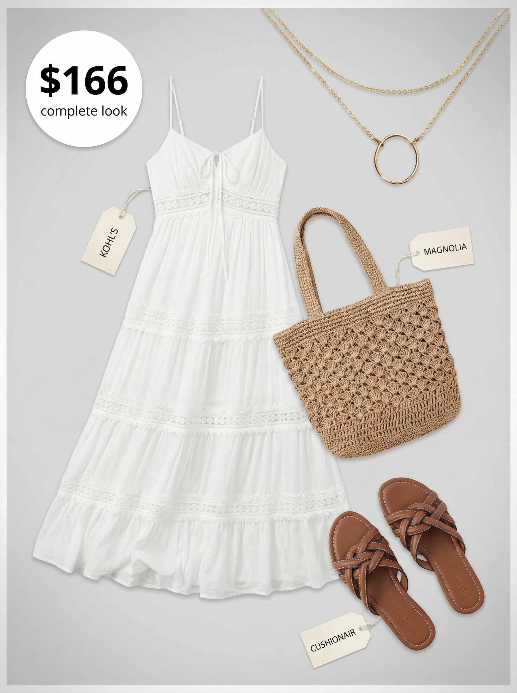 Effortless Riviera Daydream: Simple Maxi Dress 2024 Relaxed simple summer outfit: a flowy white tiered maxi dress, tan braided flat slides, a large straw tote, layered gold necklaces, and a wide-brim straw hat for vacation.
