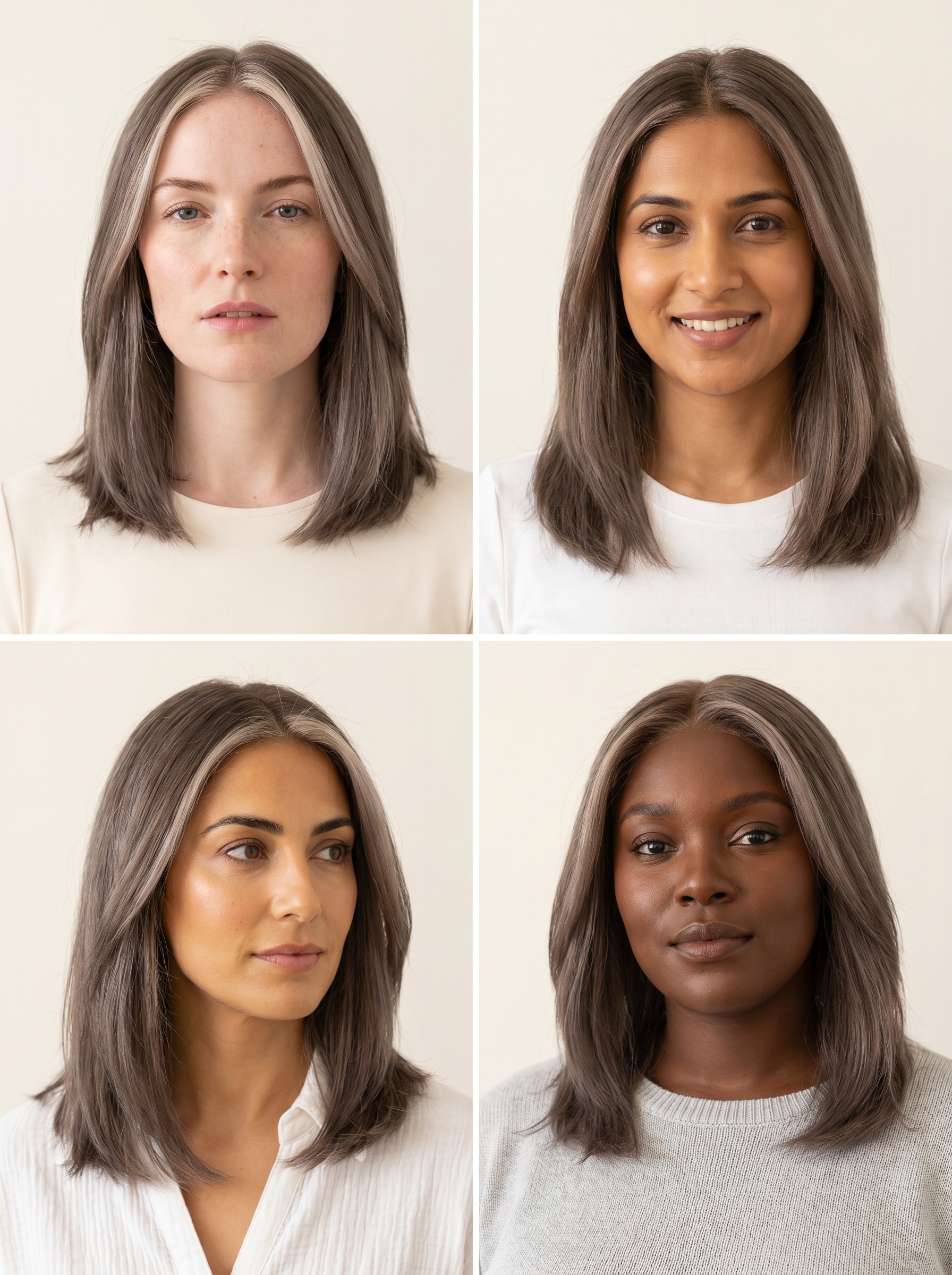 A natural and understated cool ash brown hair color with a 'Scandi' hairline, a refined soft summer hair color 2026. Features cool beige and muted blonde highlights, suitable for everyday or work settings.